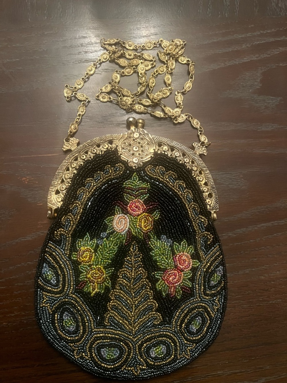 Vintage 1920s Christiana Black Evening Clutch with Gold Frame and Chain